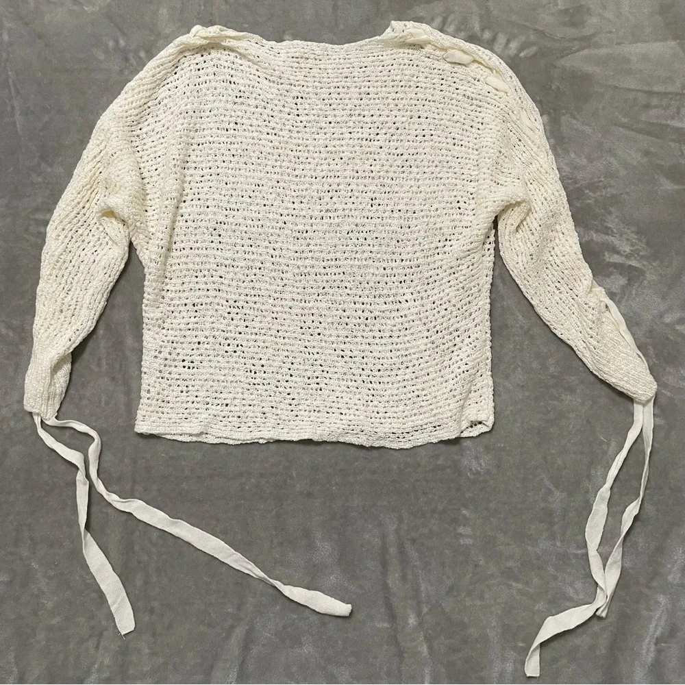 Rewind Ivory Crochet Knit Sweater Ribbon Sleeve Detail Lightweight Size XXL